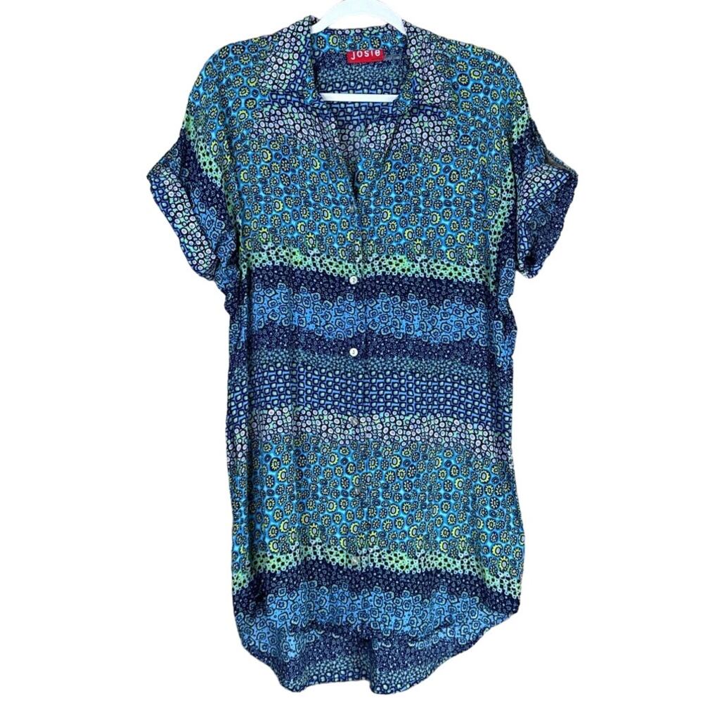 Josie Natori Button Down Short Sleeve Shirt Dress Blue Green Size Small